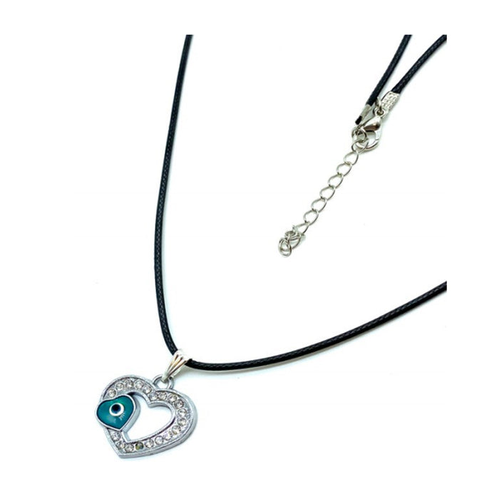 Evil Eye Heart Crystals Silver Necklace Lucky Charm Pendant Jewelry Black Rope