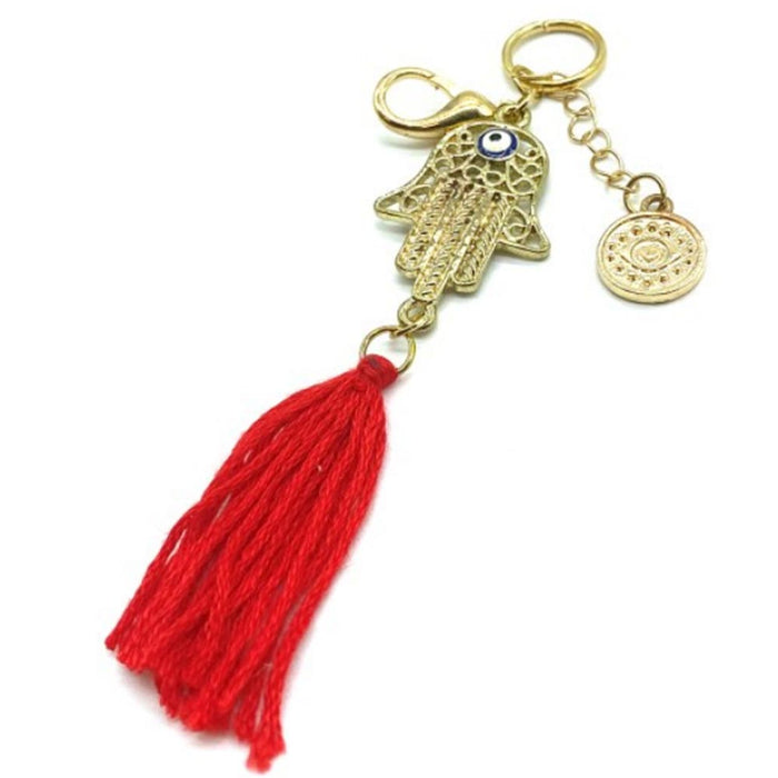 Hamsa Evil Eye Gold Keychain Red Tassel Hand Fatima Protection Lucky Charm Purse