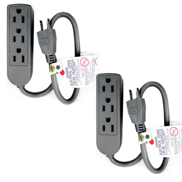 2 PC Extension Cord 3 Outlet Power Strip 13 Amp 125V UL Break Surge Heavy Duty