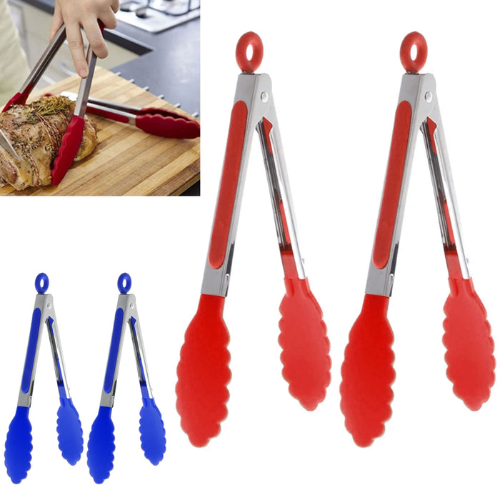 2 Kitchen Silicone Tongs Non Stick Stainless BBQ Cook Grilling Locking Food 10"