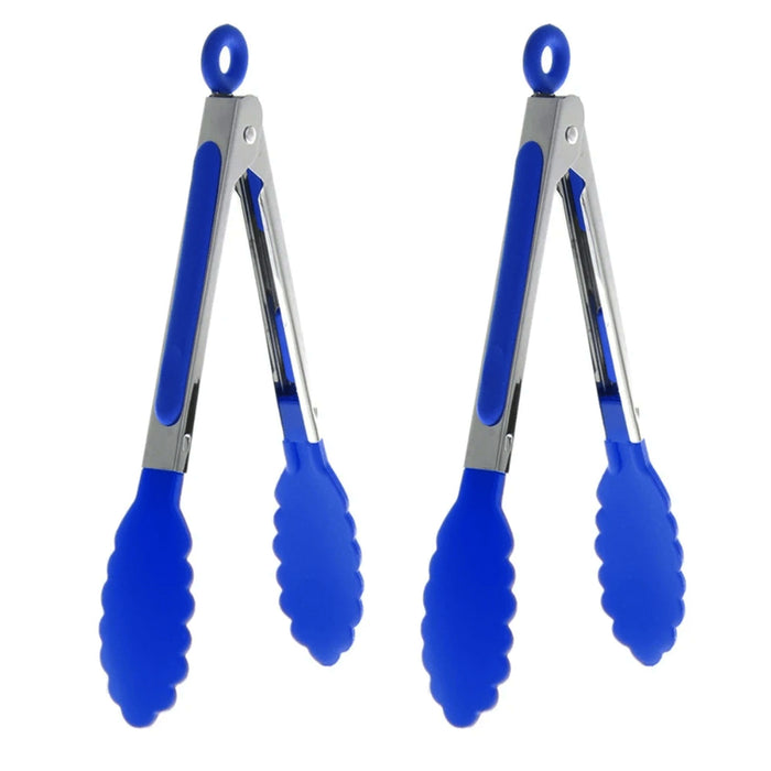 2 Kitchen Silicone Tongs Non Stick Stainless BBQ Cook Grilling Locking Food 10"