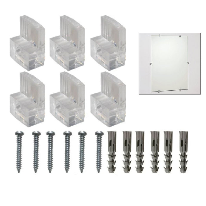 6 Transparent Mirror Wall Mounting Kit Set Clear Clips Brackets Screws Anchors