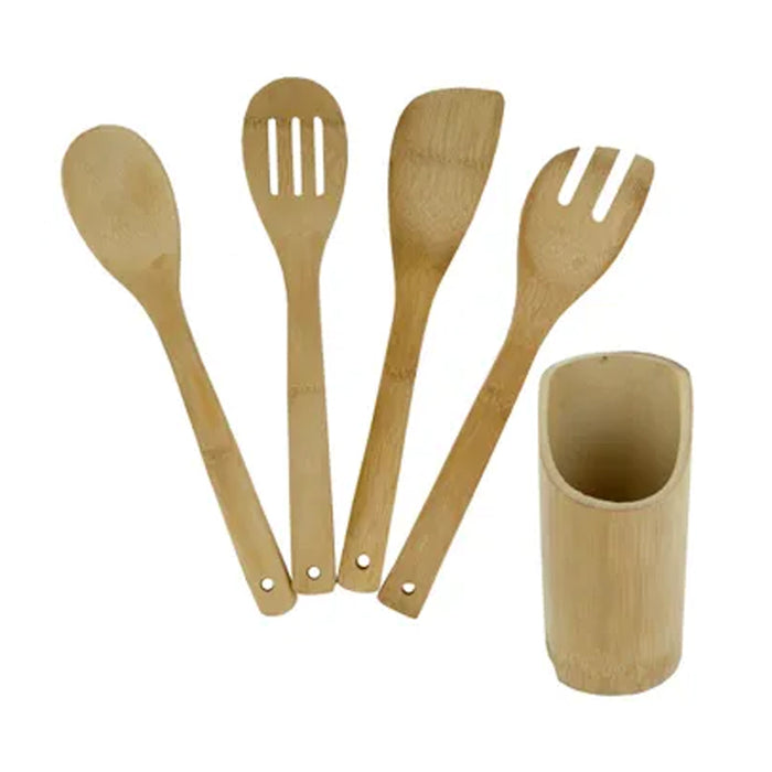 5 Pc Set Bamboo Wooden Kitchen Tools Cooking Utensil Spatula Spoon Fork Chef New