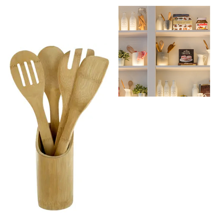 5 Pack Bamboo Wooden Kitchen Tools Cooking Utensil Spatula Spoon Fork Stand Chef