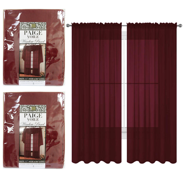 2 Pack Window Curtain Panels Burgundy Paige Voile Sheer Stylish Drapes 55" X 84"