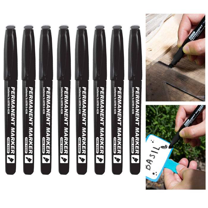 8 Waterproof Permanent Markers Fine Point Black Non Toxic Water