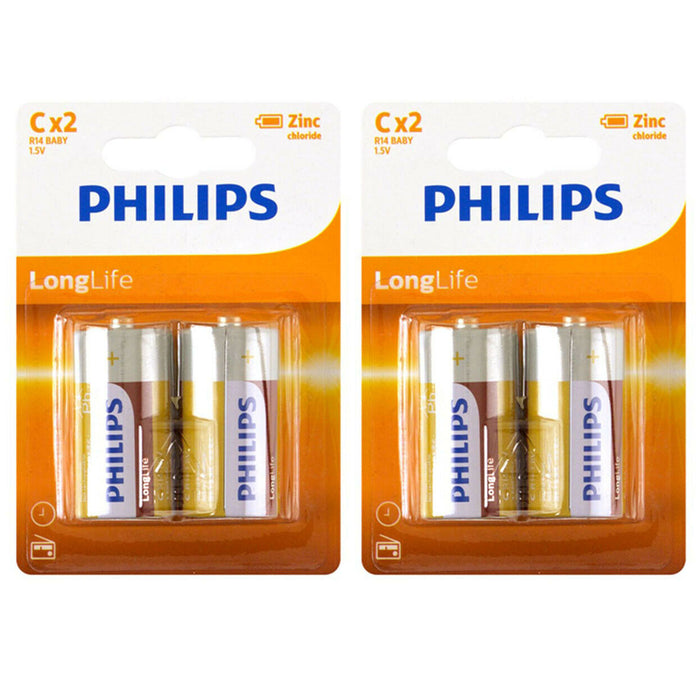 4 X Philips C Batteries 1.5V R14 Zinc Chloride Battery Clocks Long Life Ex 2023