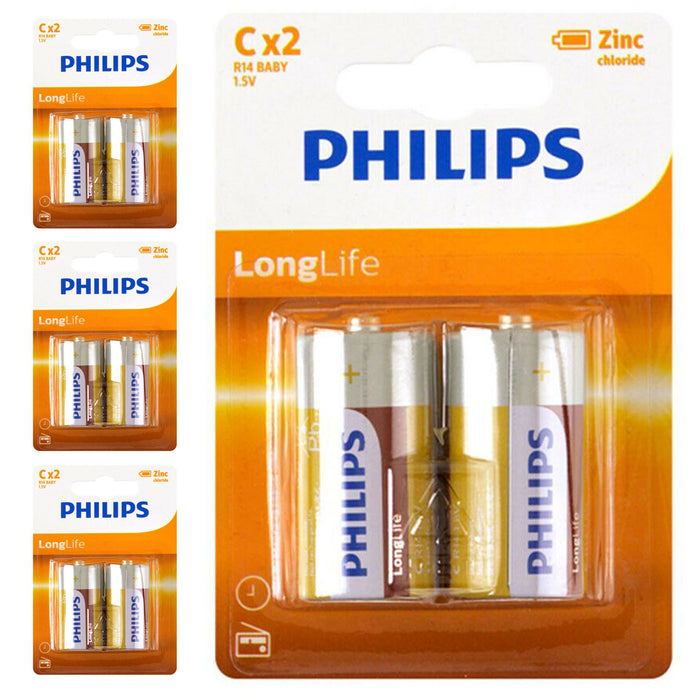 8 X Philips C Batteries 1.5V R14 Baby Zinc Chloride Battery Clocks Toys Ex 2023