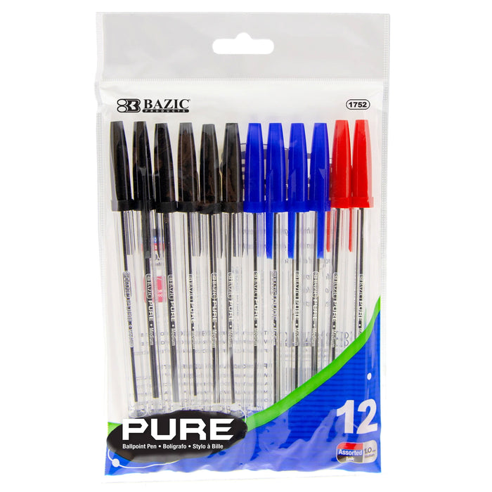 12 Pc Ballpoint Pen Ball Point Pens Red Black Blue Ink Kids School Office Supply