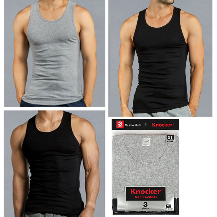 3 X Mens Tank Tops 100% Cotton A-Shirt Ribbed Pack Undershirt Black Gray XLarge