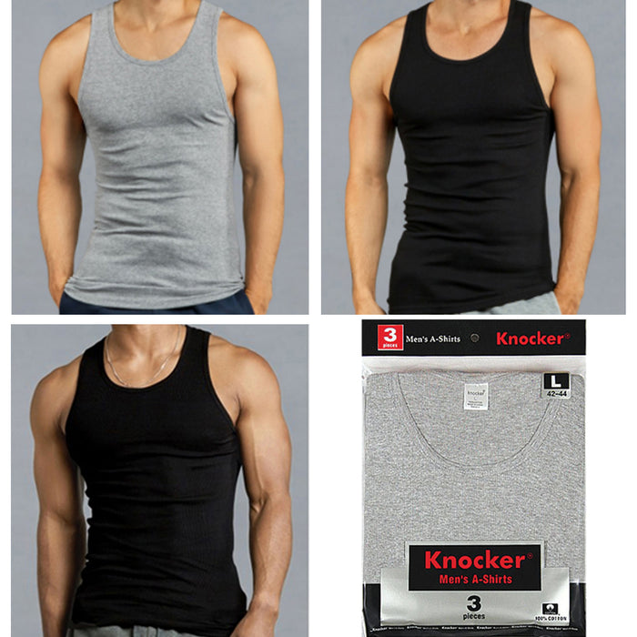 3 X Mens Tank Tops 100% Cotton A-Shirt Ribbed Pack Undershirt Black Gray Large