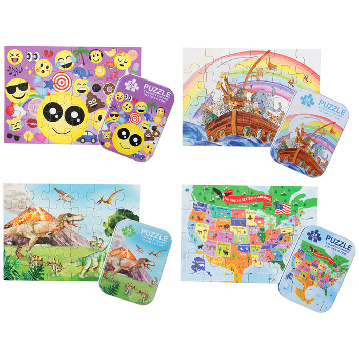 1 PC Assorted Puzzles in Tin Can Emoji Dino United States Puzzle Kids 24pc 5"X7"