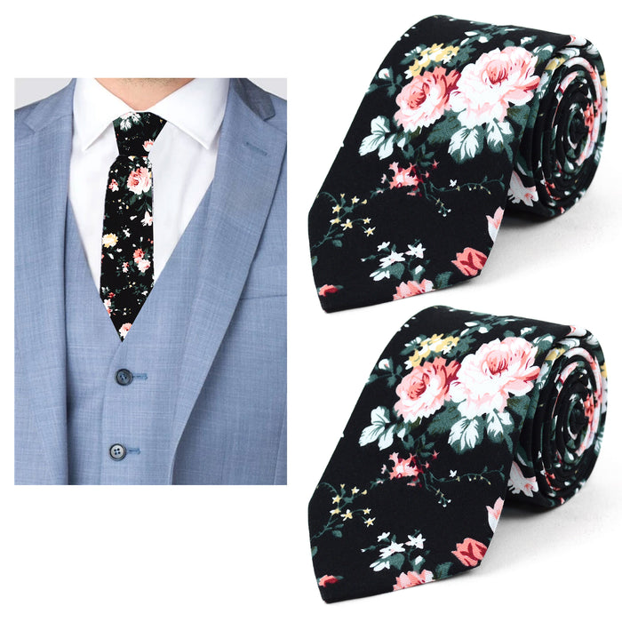 2 Pc Men's Cotton Slim Neck Tie 2.5" Flower Black Floral Skinny Necktie Wedding