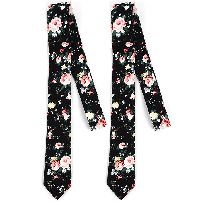 2 Pc Men's Cotton Slim Neck Tie 2.5" Flower Black Floral Skinny Necktie Wedding