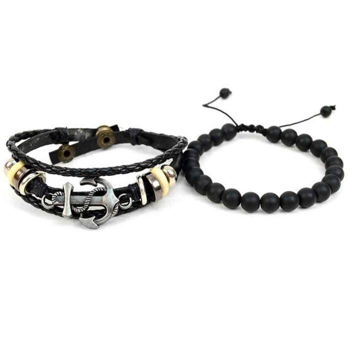 Men Women Adjustable Genuine Leather Bracelet Bangle Wristband Cuff Beads Anchor