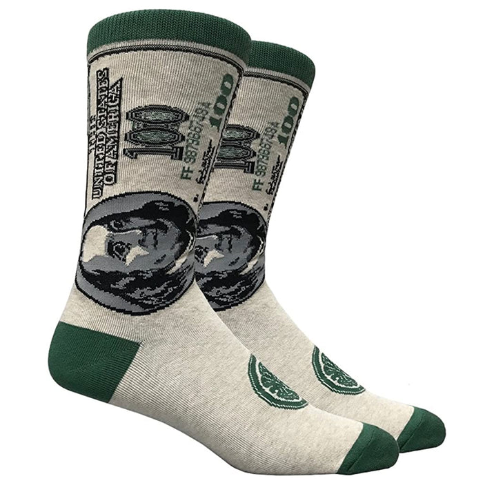 Mens FineFit Crew Socks Benjamin Franklin 100 Dollar Bill Money Benji Fun Cotton
