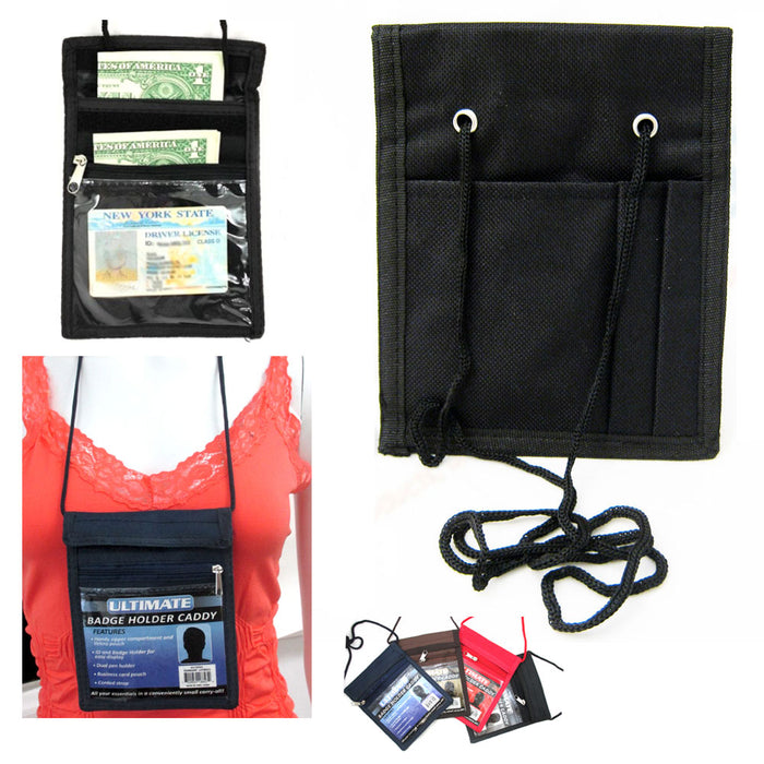 4 Badge Holder Caddy Neck Pouch Holders Passport ID Travel Neck Wallet Black