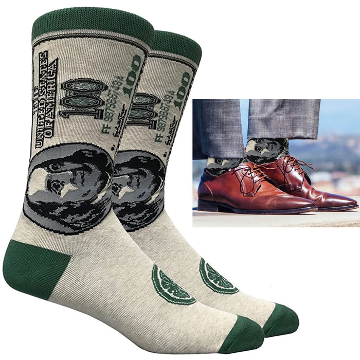 Mens FineFit Crew Socks Benjamin Franklin 100 Dollar Bill Money Benji Fun Cotton