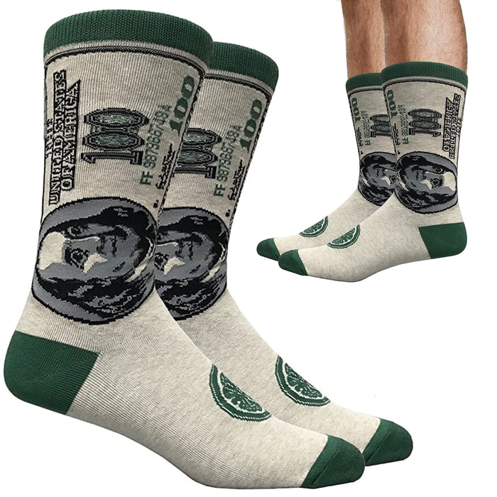 Mens FineFit Crew Socks Benjamin Franklin 100 Dollar Bill Money Benji Fun Cotton