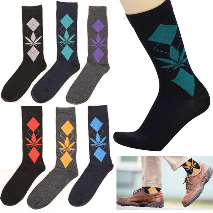 12 Pair Casual Crew Socks Cannabis Weed Leaf Pot Argyle Diamond Novelty 10-13