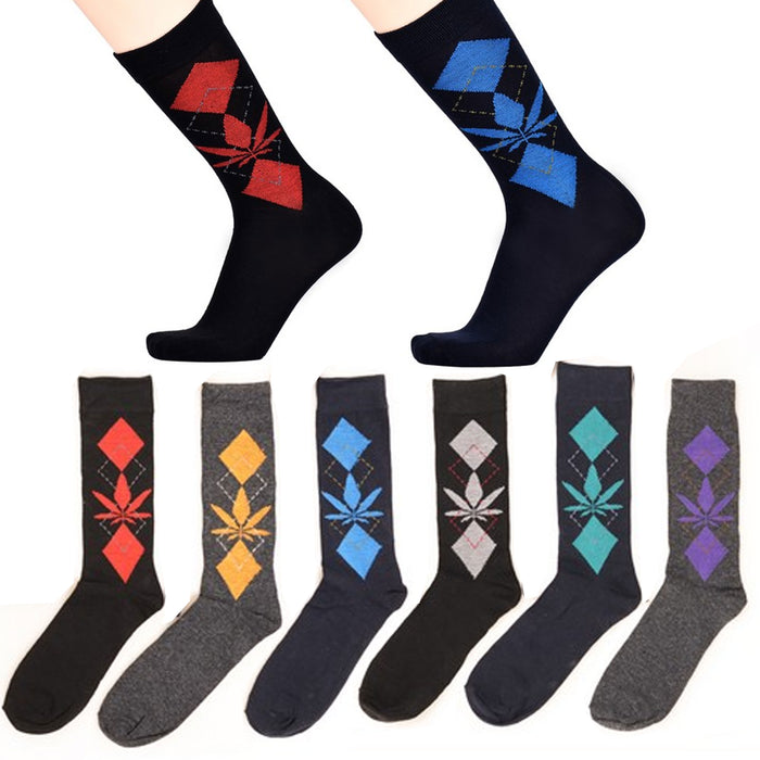 12 Pair Casual Crew Socks Cannabis Weed Leaf Pot Argyle Diamond Novelty 10-13