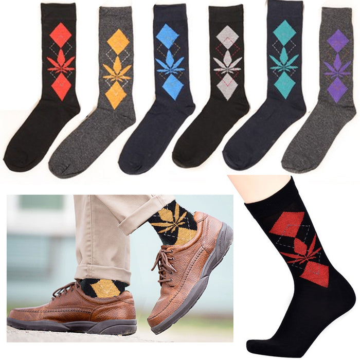 12 Pair Casual Crew Socks Cannabis Weed Leaf Pot Argyle Diamond Novelty 10-13