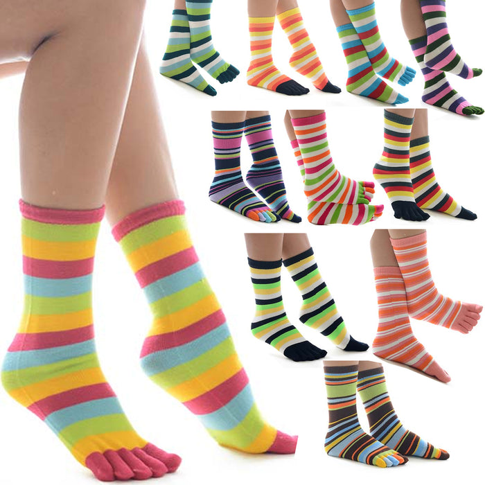 12 Pairs Women Toe Socks Five Finger Casual Sports Multicolor Striped Crew 9-11