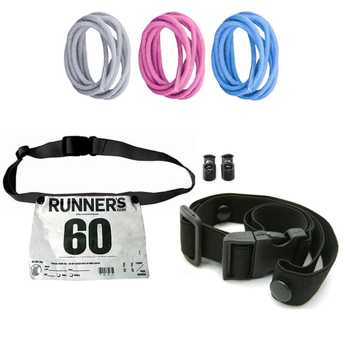 No Tie Shoelaces Elastic Lock Laces Running Belt Race Number Holder Set Sports
