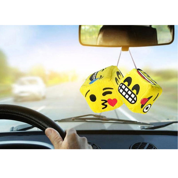 1 Pair Auto Emoji Fuzzy Dice Vintage Car Hanging Rearview Mirror Yellow 2.5"