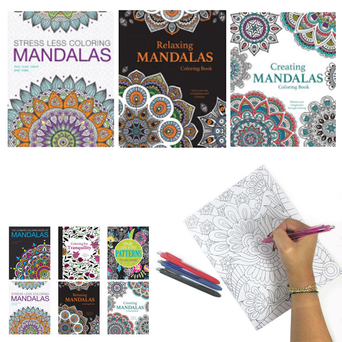 13 Pc Coloring Book Set Glitter Gel Pens Stress Relieving Mandala Drawing Adult