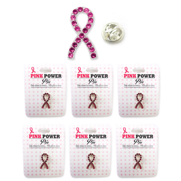 6 Pc Breast Cancer Awareness Lapel Pin Pink Crystal Ribbon Stone Show Support