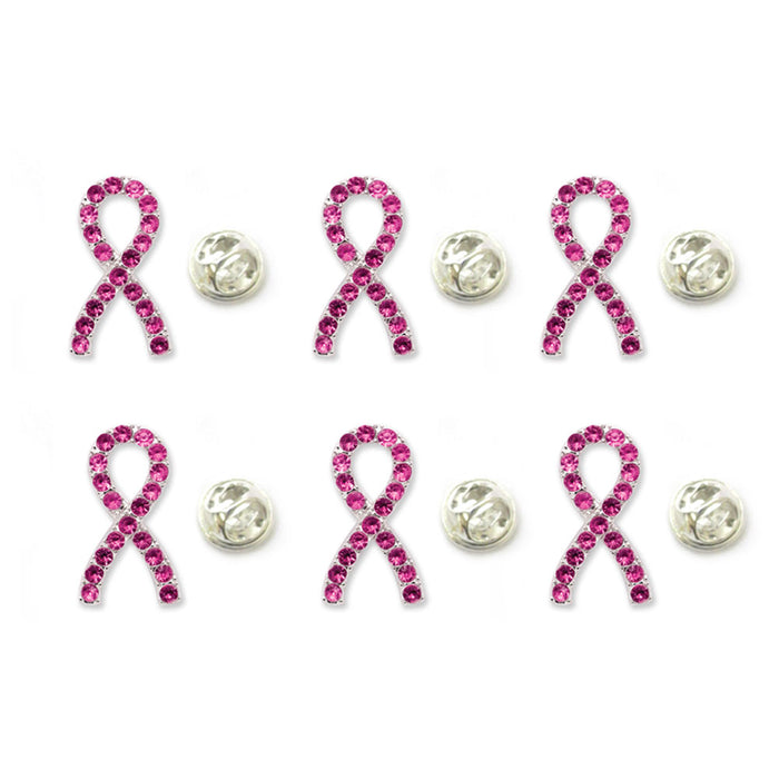 6 Pc Breast Cancer Awareness Lapel Pin Pink Crystal Ribbon Stone Show Support