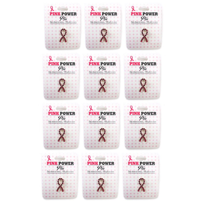 12 Pink Ribbon Lapel Pins Breast Cancer Awareness Pin Crystal Gem Stone Support