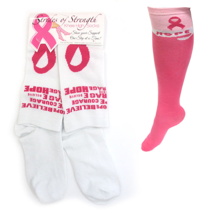 1 Pair Breast Cancer Awareness Knee High Socks Womens Pink Ribbon Support White