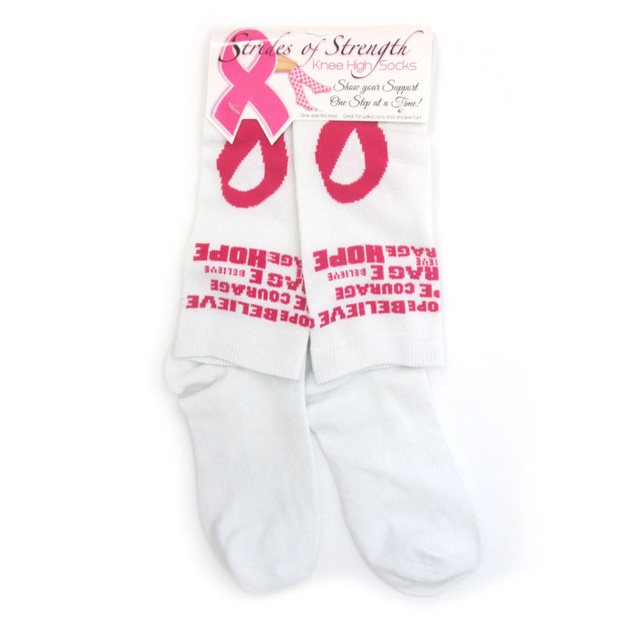 1 Pair Breast Cancer Awareness Knee High Socks Womens Pink Ribbon Support White
