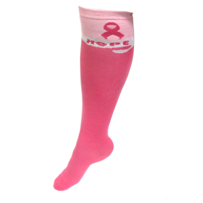 1 Pair Breast Cancer Awareness Knee High Socks Womens Pink Ribbon Support White