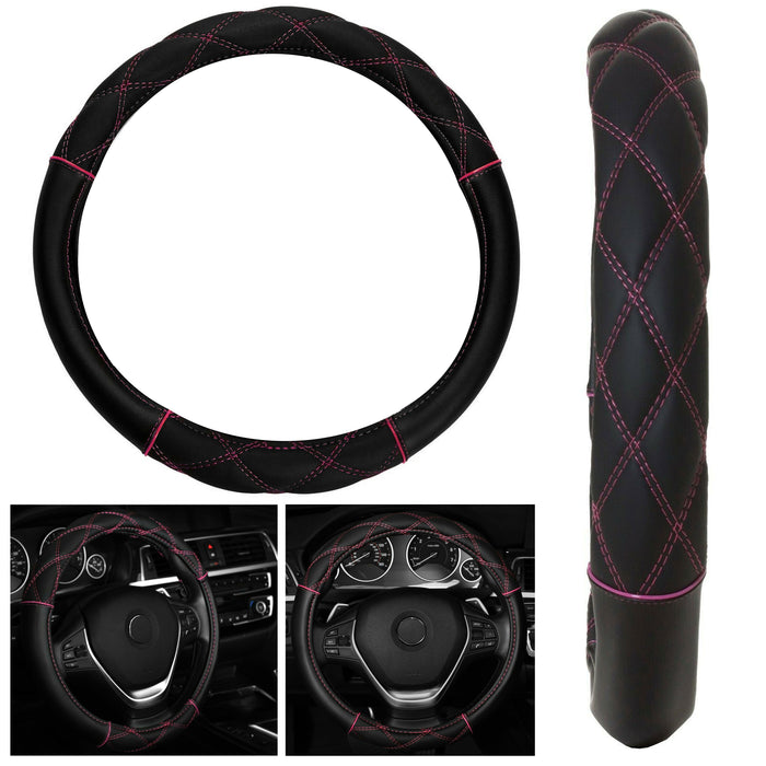 Auto Car Steering Wheel Cover Sport Grip Black Pink Universal Fit 15" Protector