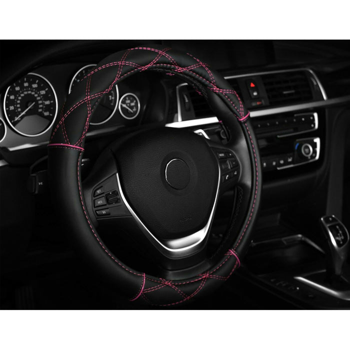 Auto Car Steering Wheel Cover Sport Grip Black Pink Universal Fit 15" Protector