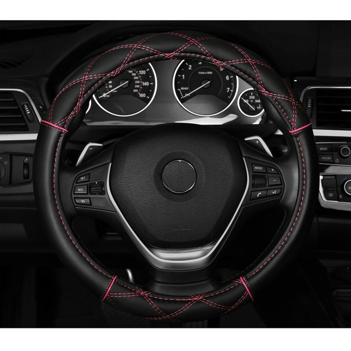 Auto Car Steering Wheel Cover Sport Grip Black Pink Universal Fit 15" Protector