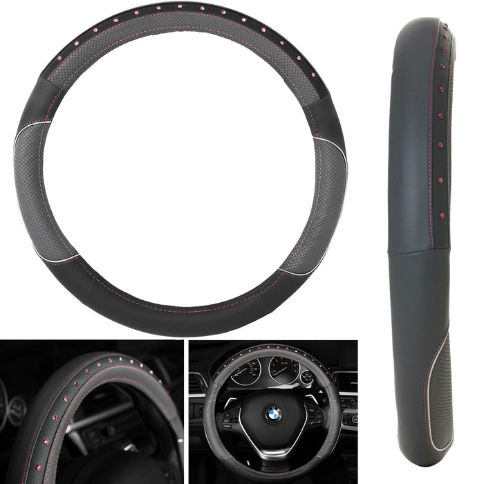 Diamond Leather Steering Wheel Cover Rhinestones Universal Fit 15" Car Protector