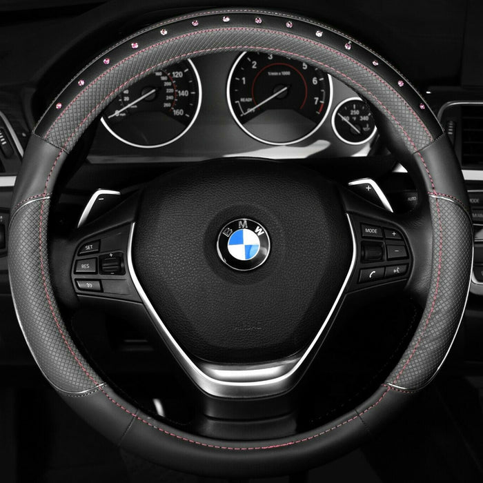 Diamond Leather Steering Wheel Cover Rhinestones Universal Fit 15" Car Protector