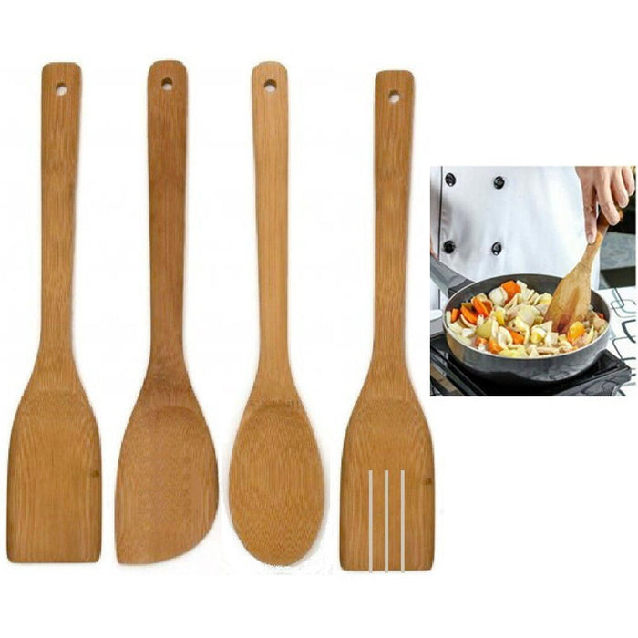 4 Pc Bamboo Cooking Utensil Spoon Spatula Wooden Set Kitchen Mix Non-Stick Tools