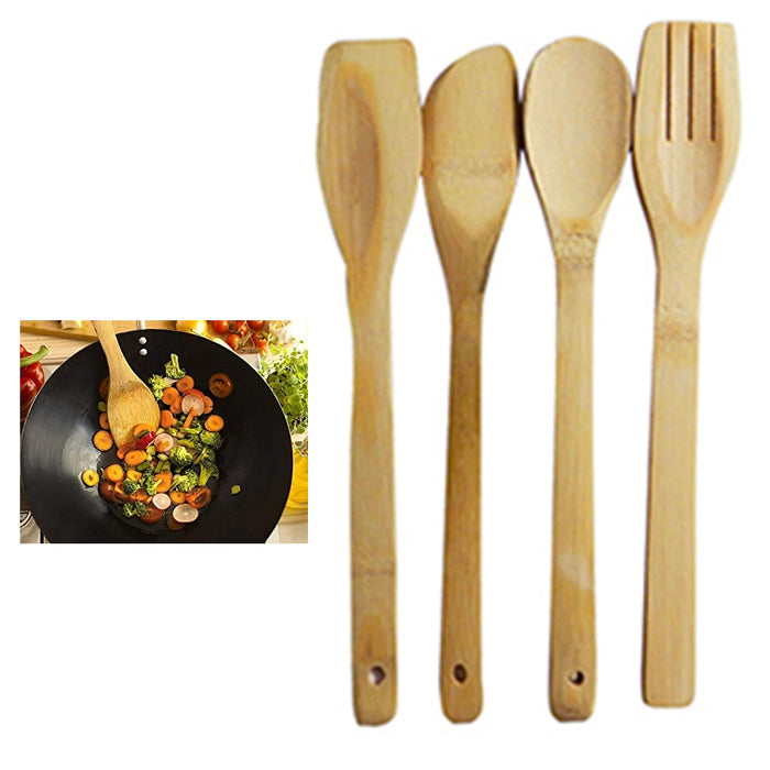4 Pc Bamboo Cooking Utensil Spoon Spatula Wooden Set Kitchen Mix Non-Stick Tools