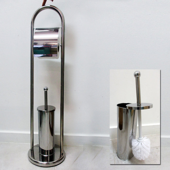 Deluxe Stainless Steel Toilet Brush Bowl Base w/ Paper Holder Cleaning Set Decor