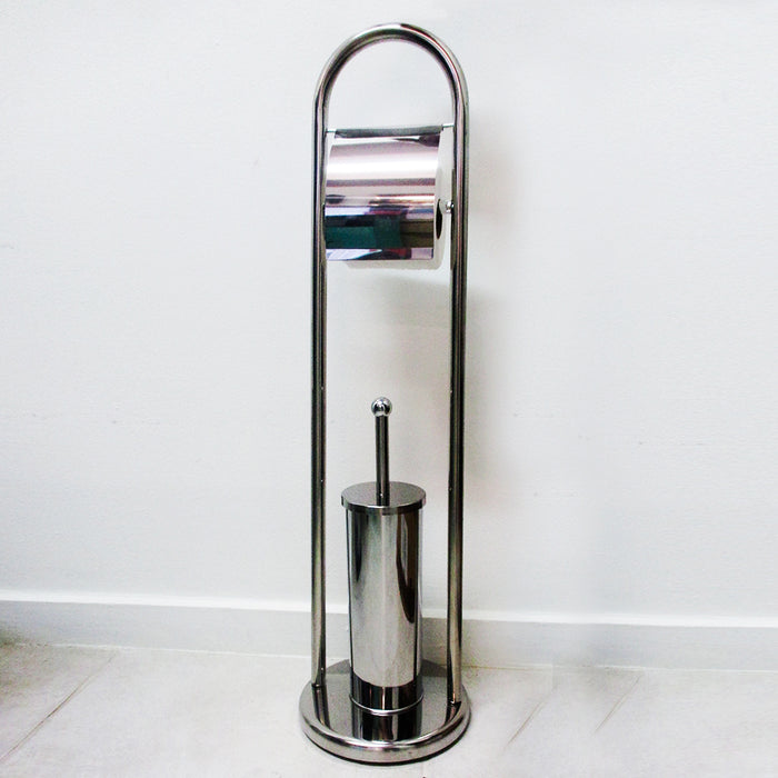 Deluxe Stainless Steel Toilet Brush Bowl Base w/ Paper Holder Cleaning Set Decor