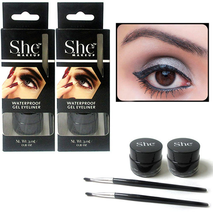 2 Black Gel Eyeliner Liquid Waterproof Brush Pen Pencil Smokey Eye Liner Make Up
