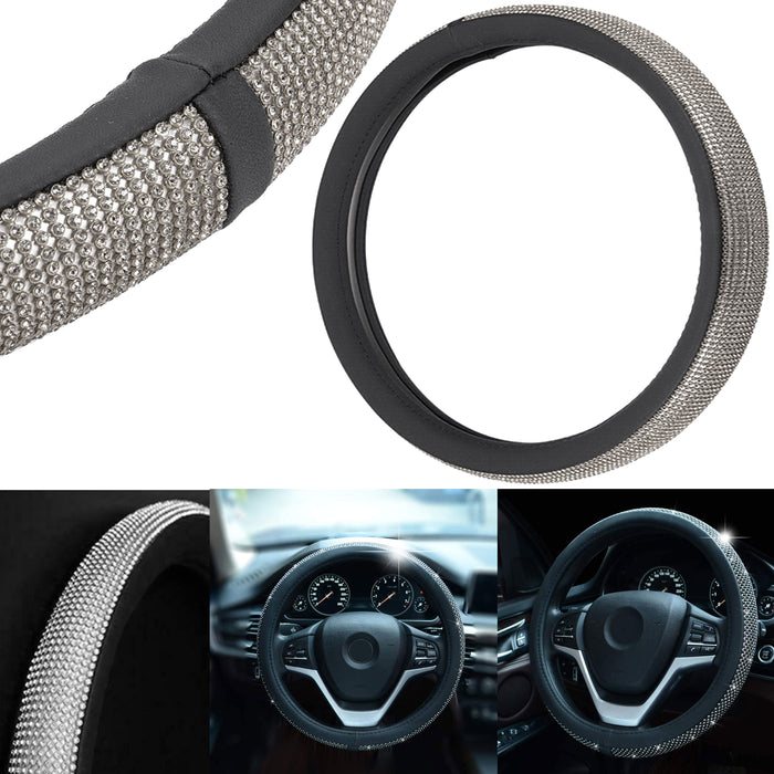 Luxury Black Silver Diamond Car Steering Wheel Cover Grip Auto High Quality 15"
