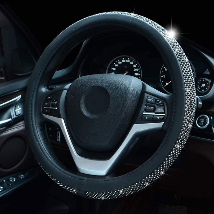 Luxury Black Silver Diamond Car Steering Wheel Cover Grip Auto High Quality 15"