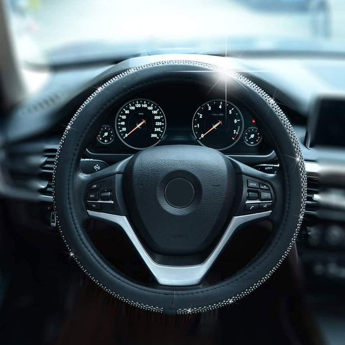 Luxury Black Silver Diamond Car Steering Wheel Cover Grip Auto High Quality 15"