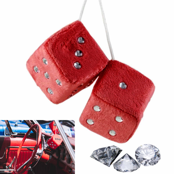 1 Pair Red Fuzzy Dice Diamonds Bling Car Plush Hanging Auto Mirror Decor 2.5"